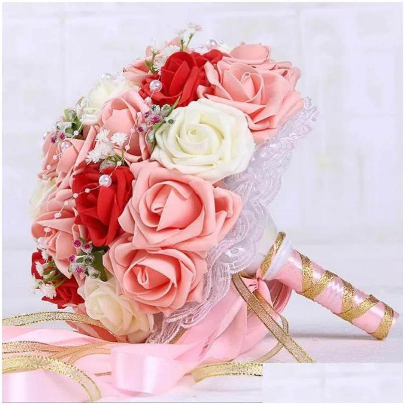 30 Rose Wedding Bouquets Handmade Bridal Flower Party Gifts Wedding Accessories Flowers Pears beaded with Ribbon