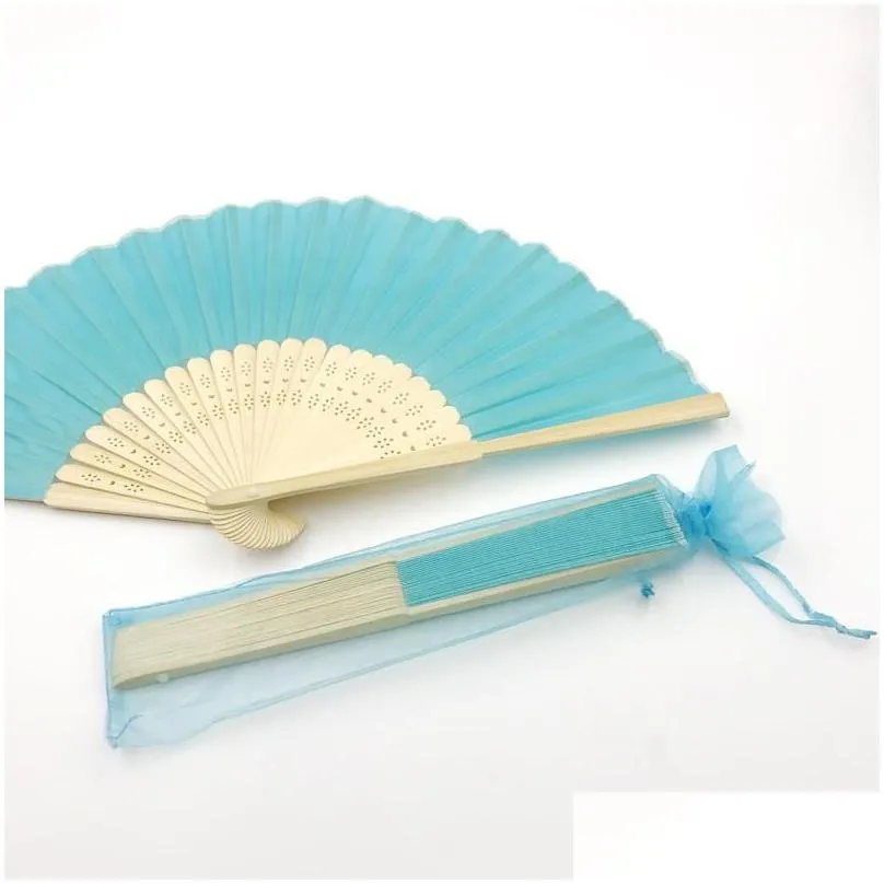 customized wedding fan with printing name&date summer party decoration supplies silk fabric bamboo hand folding fans in organza bag