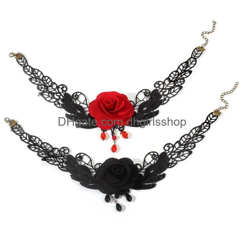 gothic chokers black beaded flowers sexy lace neck choker necklace vintage tassel chain women punk halloween jewelry