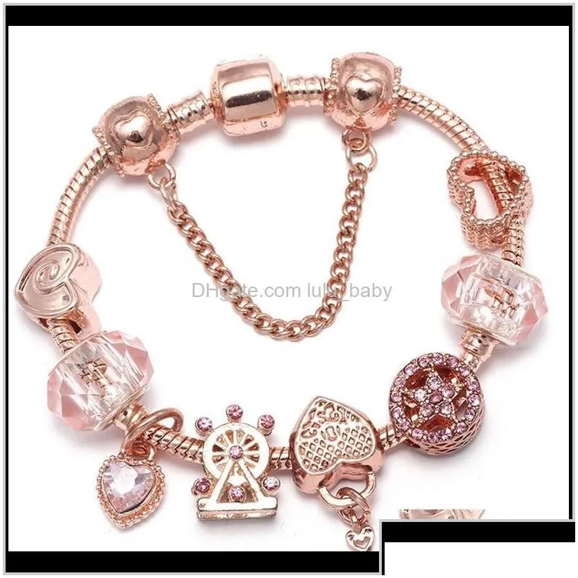 Fashion Luxury Designer Cute Lovely Key Heart Diamond Crystal Diy European Beads Bangle Bracelet For Woman Girls Rose Gold Evu0T Brace