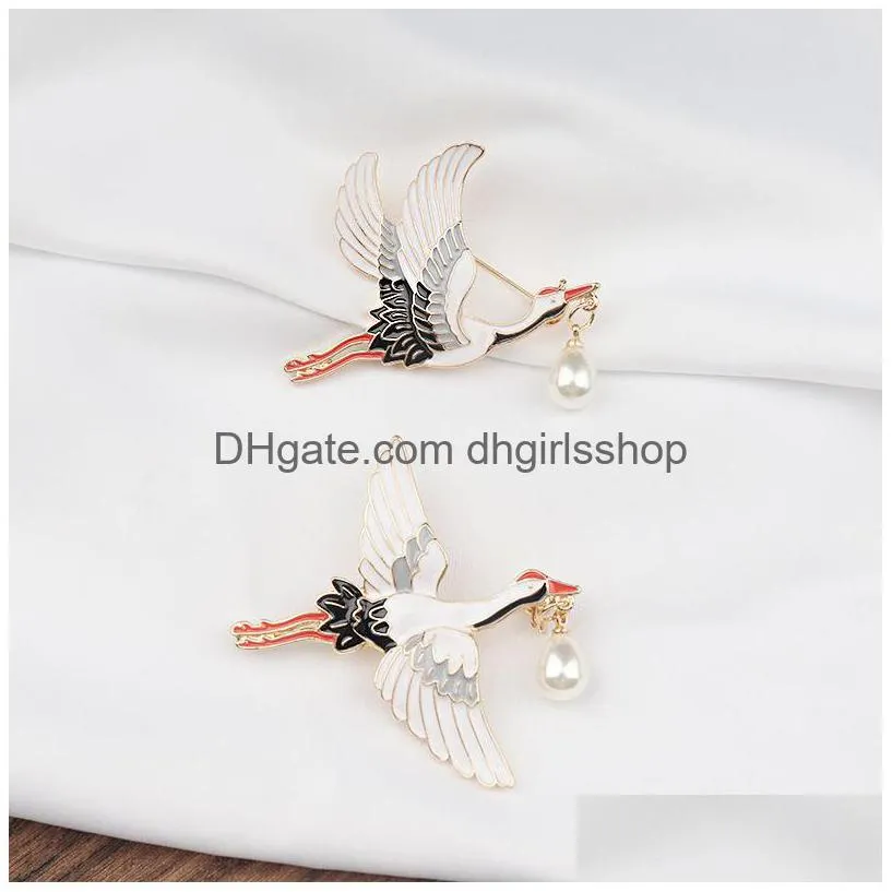 chinese style white crane bird brooches enamel pin shirt bag lapel pins badge vintage jewelry gift