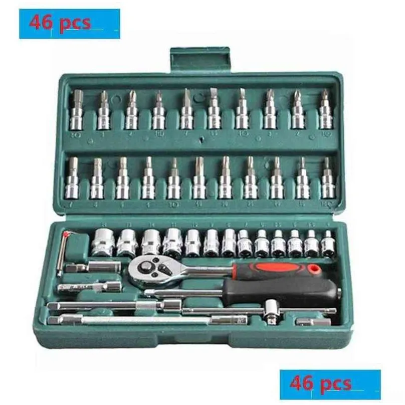 46pcs tool sets car repair tool kit wrench set head ratchet pawl socket spanner screwdriver professional metalworking tool kit h220510