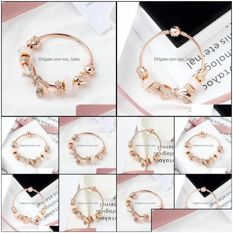 Beaded Strands Bracelets Pandor Fashion Rose Gold Shining Bow Bracelet 18Cm 19Cm 20Cm Love Charm Glass Bead Jewelry Wholesale Drop