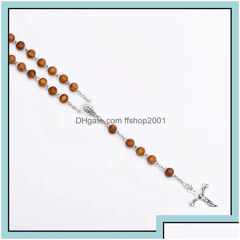 Pendant Necklaces Wooden Beads Long Chains Catholic Rosary Necklace For Women And Men Christian Jesus Virgin Mary Cross Crucifix Fas