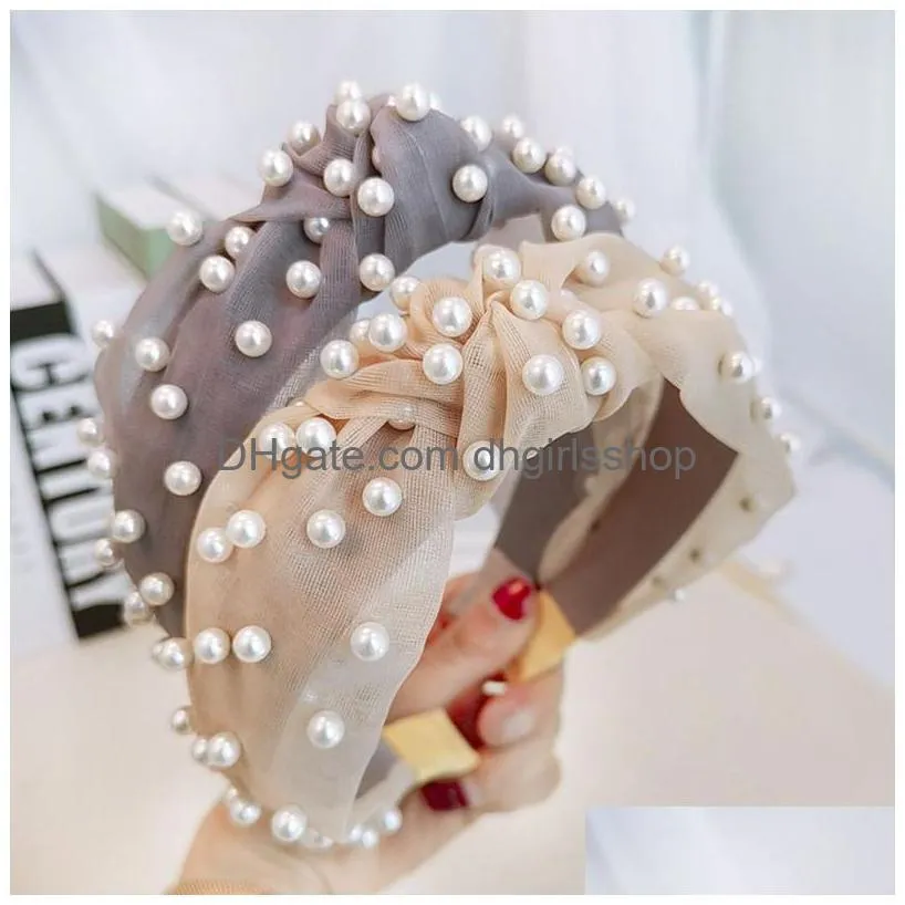 creative knot pearls headbands for women girls handmade wide solid gauze fabric twist hairband bezel hair hoop hairs accessories