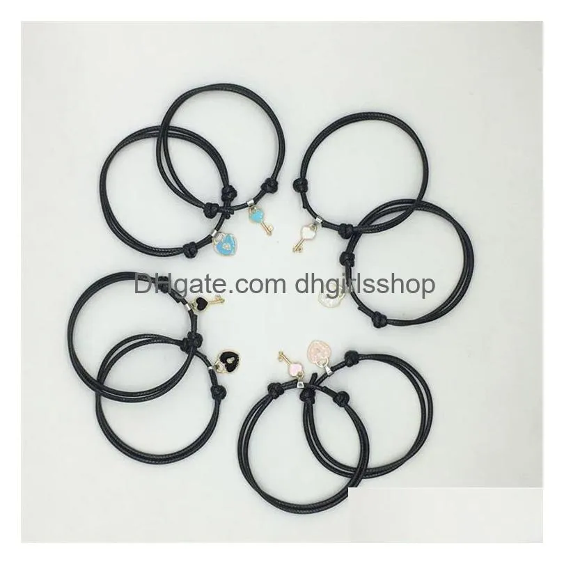 couple trendy bracelet for friend lock key design black color rope bracelet wholesale jewelry 2 pcs set