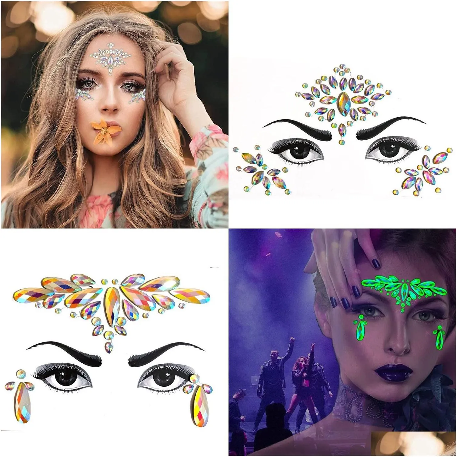 Temporary Tattoos Meredmore 8sets Noctilucent Face Gems Body Stickers Glow In The Dark Luminous Jewels Fluorescent Tattoo Crystals Rh