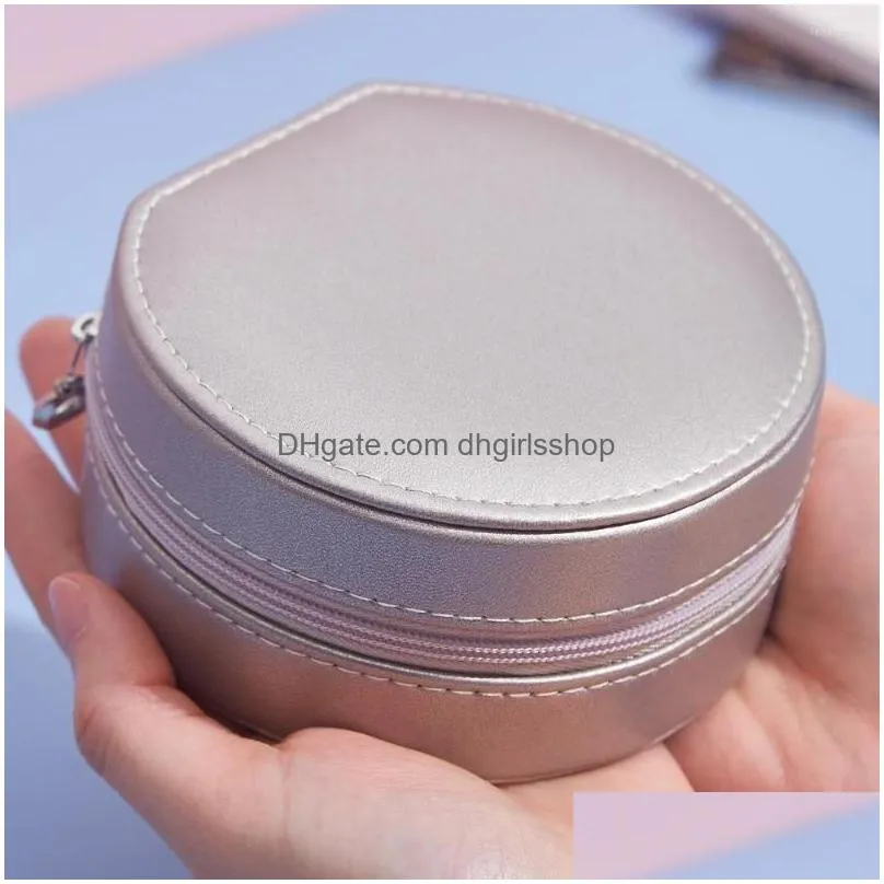 jewelry pouches small double-layer box creative portable stud storage round pu leather display