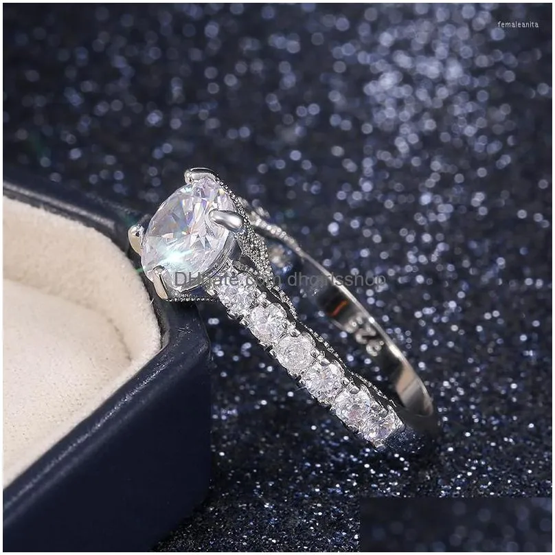 wedding rings classic silver plated engagement for women shine white round cubic zircon inlay elegant lady ring jewelry gift