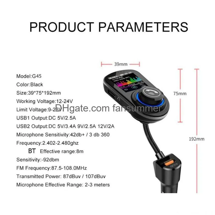 g45 bluetooth hands-free car kit with qc3.0 usb port  fm transmitter support tf card mp3 music player vs bc06 t10 t11 x5 g7 cars