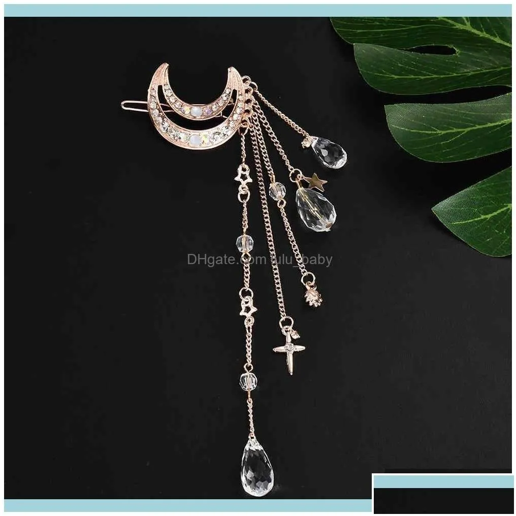 Headbands Jewelryfashion Elegant Women Bands Lady Moon Rhinestone Crystal Tassel Long Chain Beads Dangle Pin Clip Hair Jewelry Drop