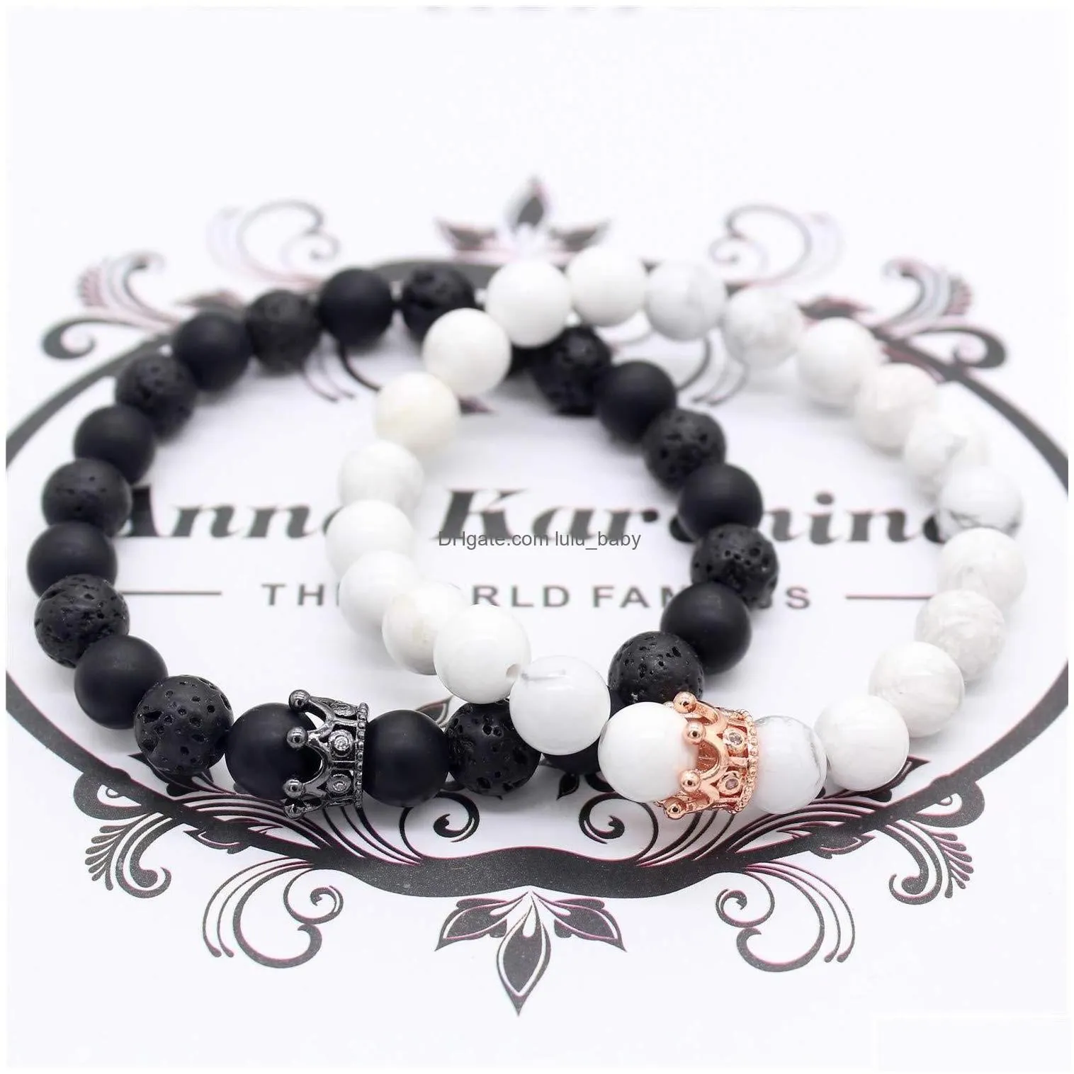 Beaded 8Mm Natural Stone Strands Bracelets Cz Micro Pave Crown King Queen Beads His And Her Couple Bracelet Drop Delivery Jewelry