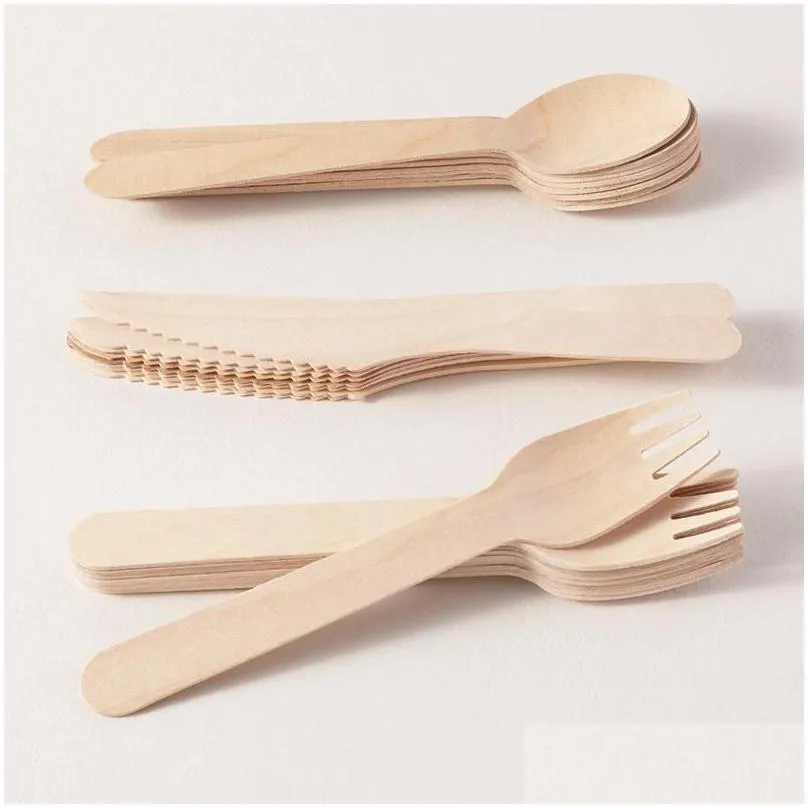 disposable dinnerware eco-friendly 16cm wooden cutlery forks spoons dessert utensils party birthday home tableware