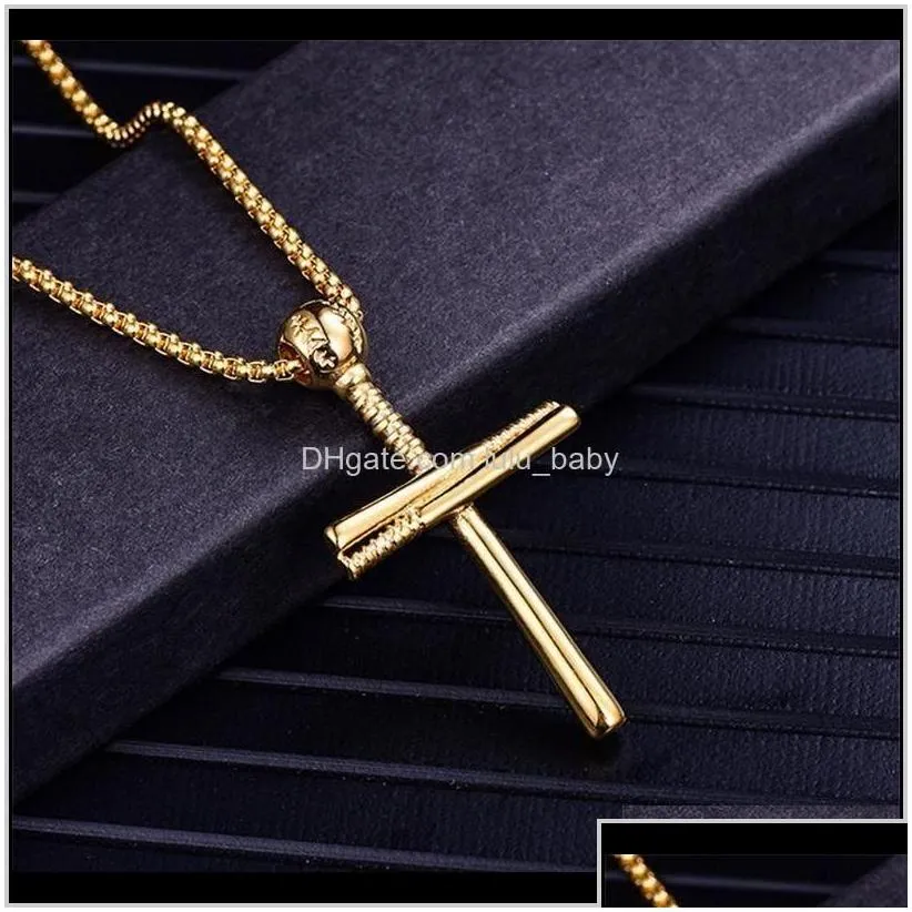 Baseball Player And Stacked Baseballs Bat Cross Pendant Necklace Stainless Steel Faith Male Jewelry Yorgr Chains Dhvma