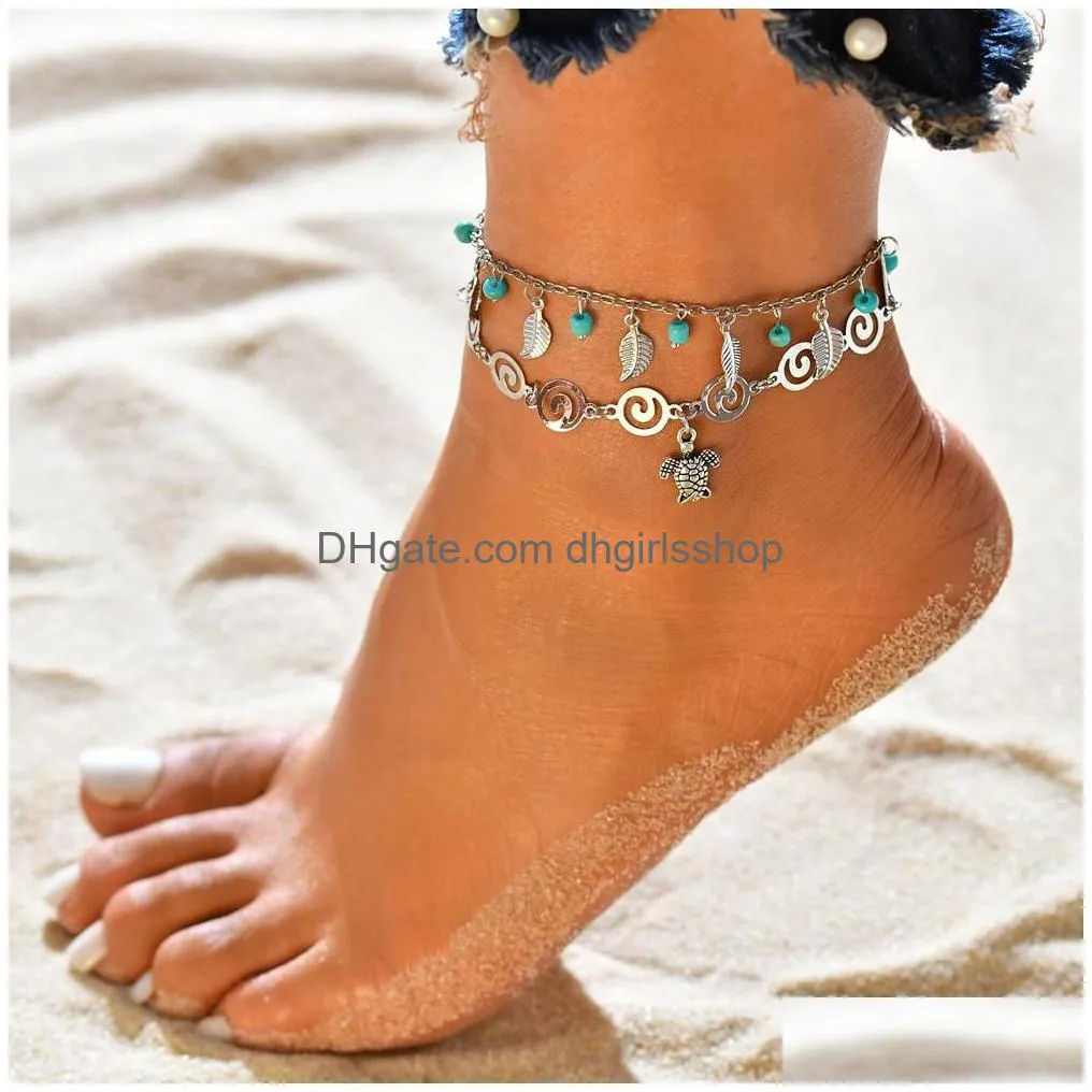 bohemian multiple layers flower pendant anklet bracelet for women charms vintage ethnic gold color chain beach jewelry