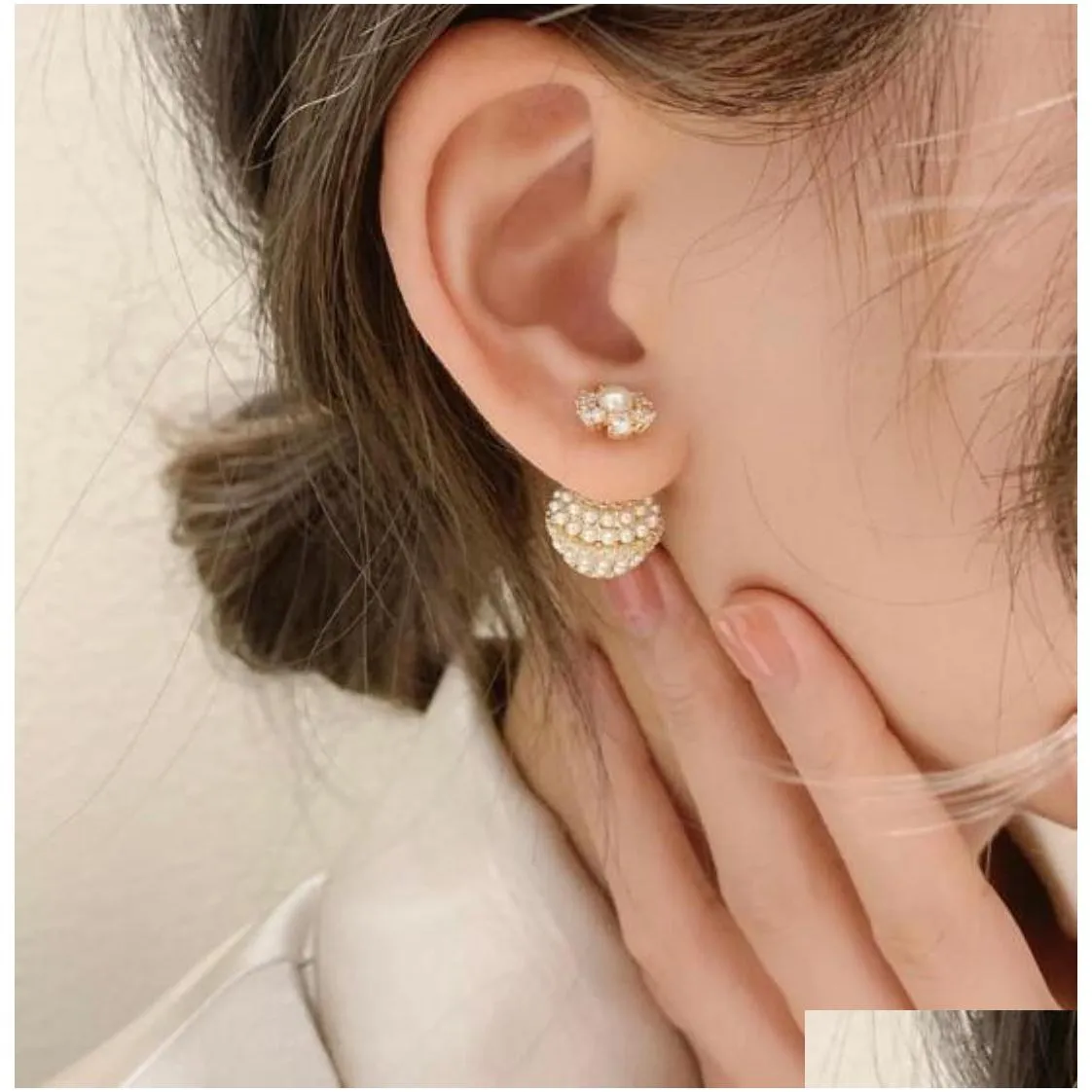 Super Glittering Ins Fashion Designer Double Sided Lovely Cute Flower Crystals Diamonds Pearl Earrings For Woman Girls W5Kxn Z5Nki