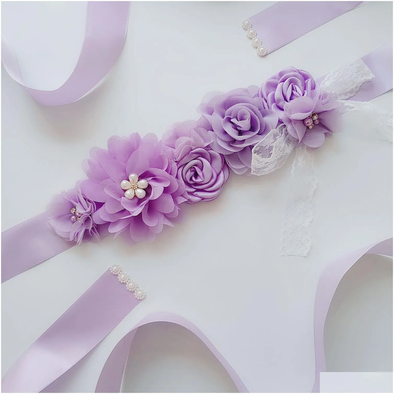 Wedding Sashes Pink White Blue Purple Fashion Flower Belts Pearl Bow Belt Bridal Ribbon Sash Belt Party Bridesmaid Dress Sashes