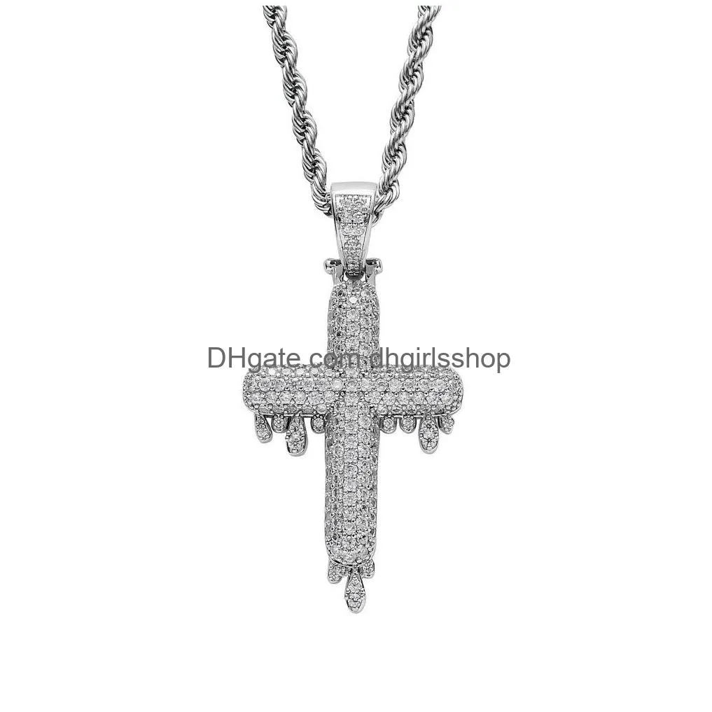 18k gold & white gold plated cubic zirconia bling glacier melting droping cross pendant necklace hip lovers diamond jewelry for men &