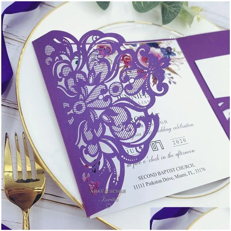 Wedding Invitations Classic Fall Magenta Shades Of Purple Floral Pocket Laser Cut Invitations With Envelope 148X148mm