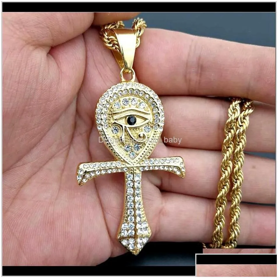 Stainless Steel Men Hip Hop Eye Of Horus Fashion Vintage Ankh Cross Necklace Mens Hiphop Jewelry Gifts 61Bac W5Pvg