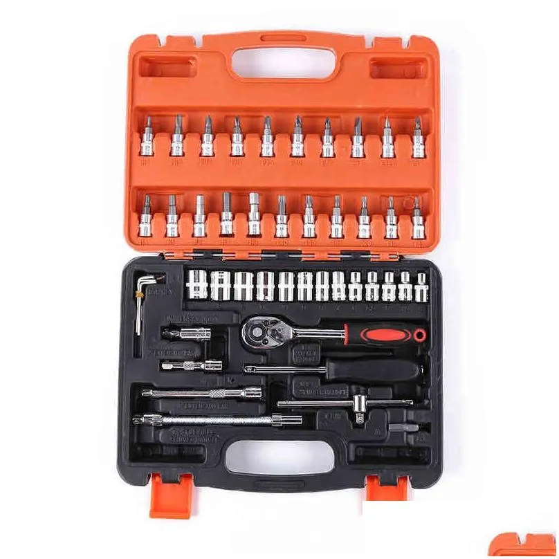 46pcs tool sets car repair tool kit wrench set head ratchet pawl socket spanner screwdriver professional metalworking tool kit h220510