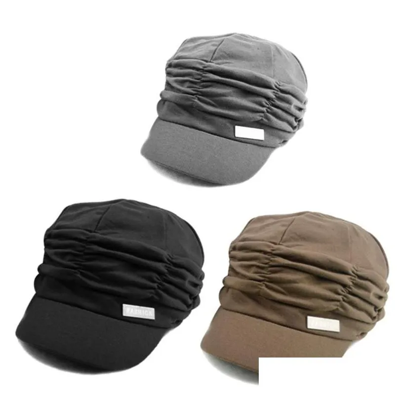 sboy Hats Sboy Korean Solid Hat Women Autumn Winter Knited Pleated Cap Warm Outdoors Visor Skull Brown Cotton Casual Female