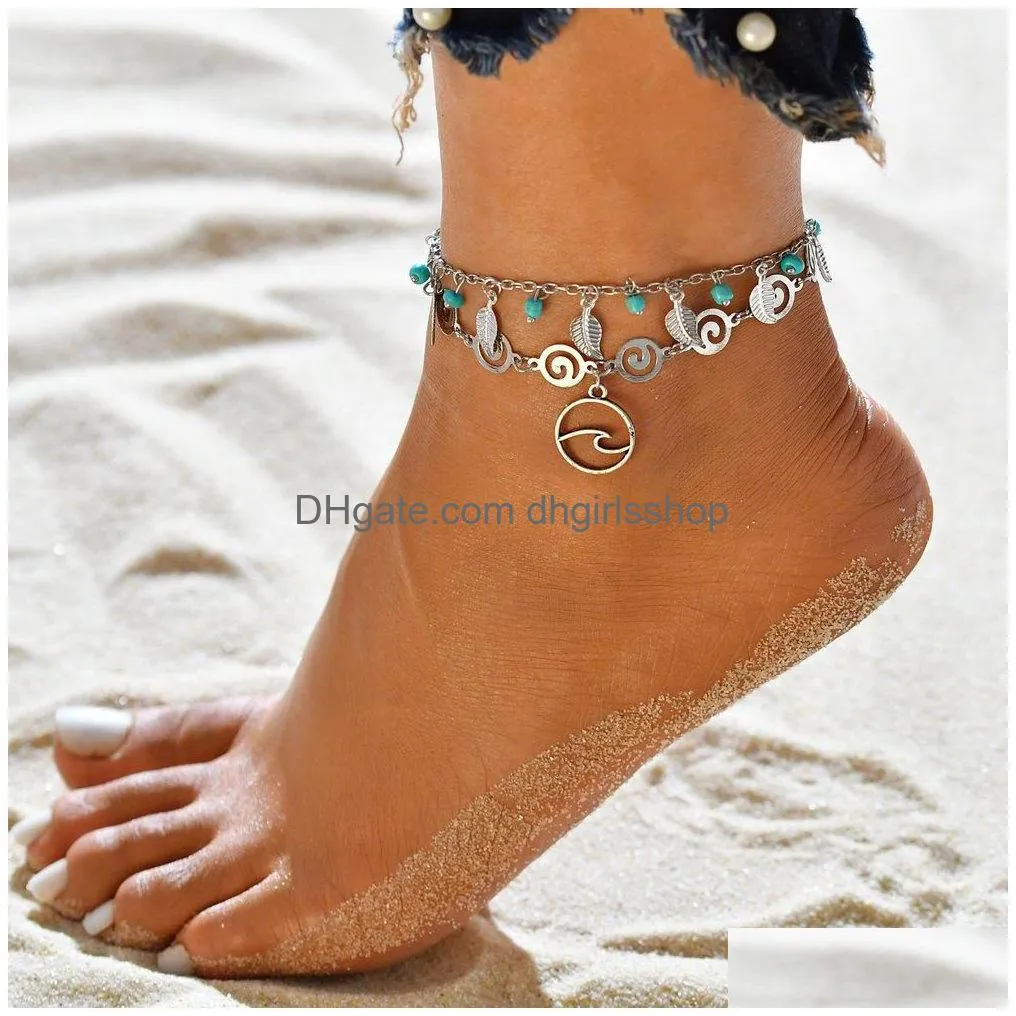 bohemian multiple layers flower pendant anklet bracelet for women charms vintage ethnic gold color chain beach jewelry