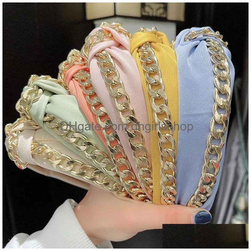fashion women hairband with gold chain wide side headband soft turban casual hair accessories