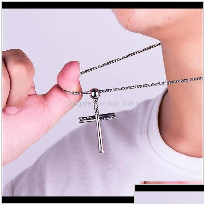 Baseball Player And Stacked Baseballs Bat Cross Pendant Necklace Stainless Steel Faith Male Jewelry Yorgr Chains Dhvma