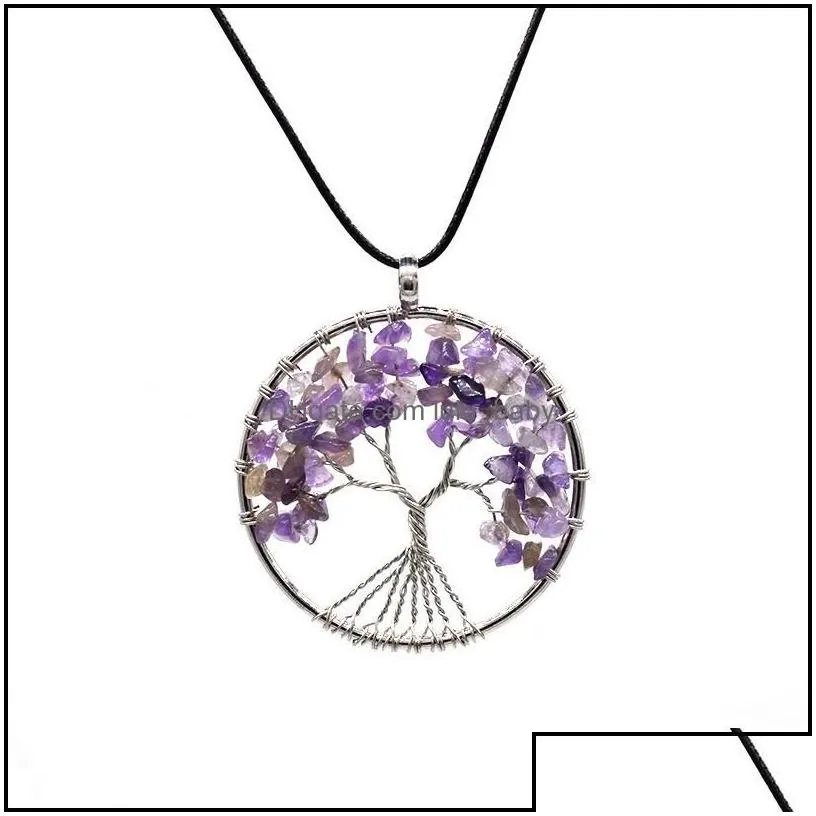 Pendant Necklaces Pendants Jewelry 12Pc / Set Tree Of Life Necklace 7 Chakra Stone Beads Natural Amethyst Sier Chain For Womens Gift 155