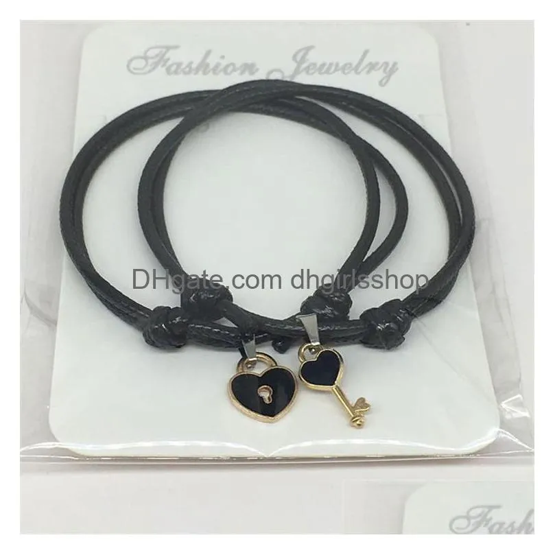 couple trendy bracelet for friend lock key design black color rope bracelet wholesale jewelry 2 pcs set