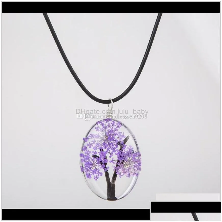 Design Dried Flowers Plant Specimens Tree Of Life Necklace For Women With Leather Rope Chain Fashion Oval Glass Jewelry Choker Yz7W Ne