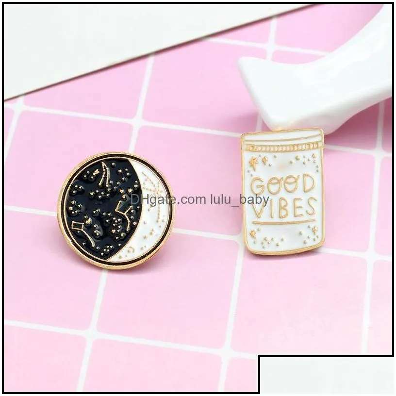 Pins Brooches Jewelry Good Vibes Enamel Pin Constellation Day And Night Moon Brooch Pins Button Denim Jacket Coat Collar Badge Gift 119