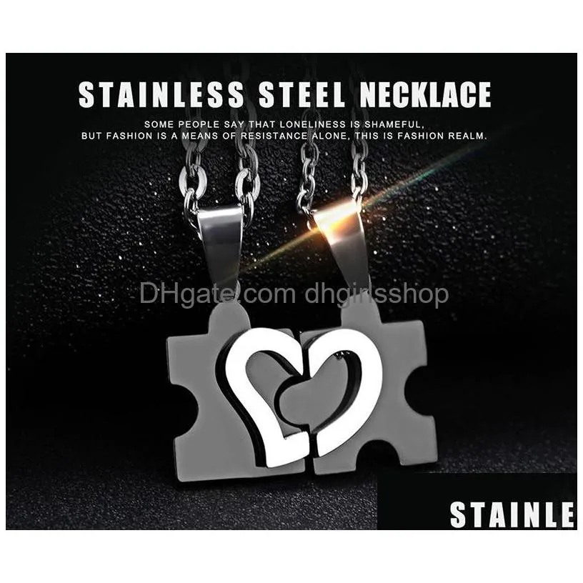 titanium steel love combining puzzle necklaces heart pendant for couple lovers black necklace jewelry