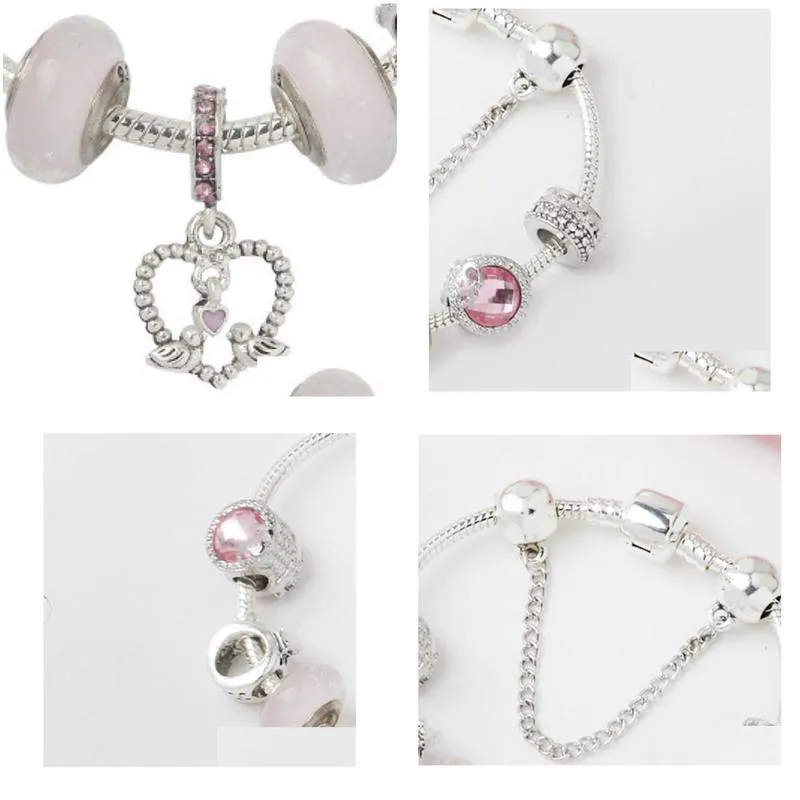 Wholesale - Charm beads 925 silver plated strand Bracelet new glazed big hole alloy pink series love bird pendant hand string