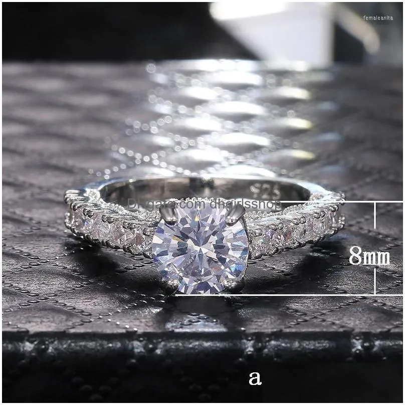 wedding rings classic silver plated engagement for women shine white round cubic zircon inlay elegant lady ring jewelry gift