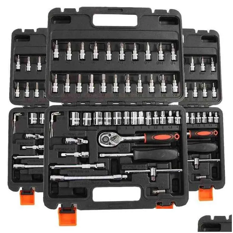 46pcs tool sets car repair tool kit wrench set head ratchet pawl socket spanner screwdriver professional metalworking tool kit h220510