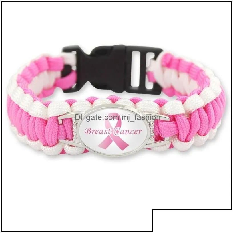 Charm Bracelets Fashion Pink Ribbon Breast Cancer Fighter Awareness Outdoor Wristbands Bangle For Women Men S Sports Jewelry Drop Del