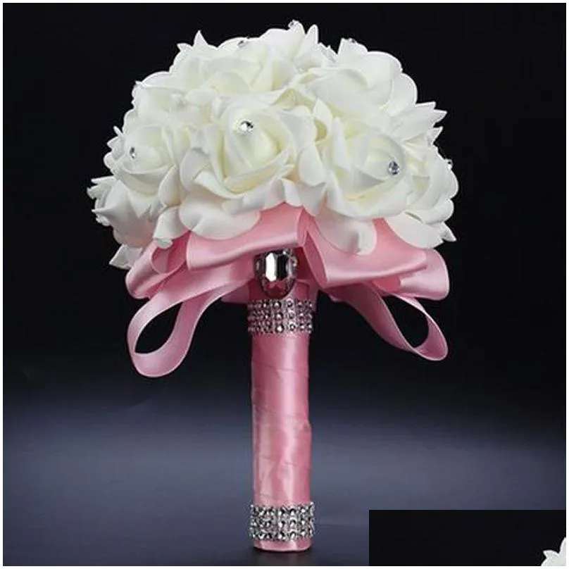 Wedding Party Gifts Elegant Rose Artificial Bridal Flowers Bride Bouquet Crystal Royal Blue Silk Ribbon Buque De Noivablue bouquet