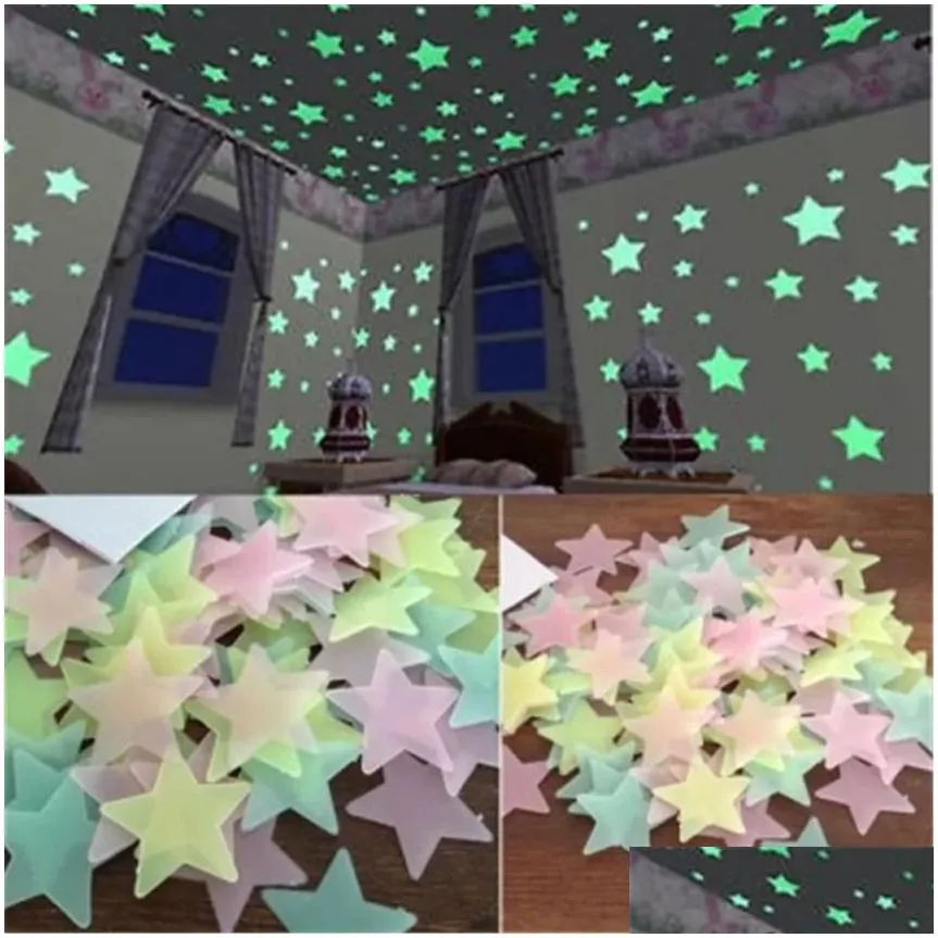 300pcs 3d stars glow in the dark wall stickers luminous fluorescent wall stickers for kids baby room bedroom ceiling home decor