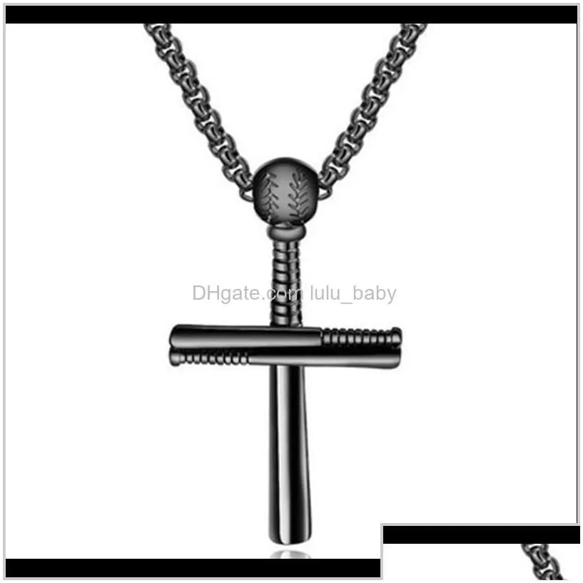 Baseball Player And Stacked Baseballs Bat Cross Pendant Necklace Stainless Steel Faith Male Jewelry Yorgr Chains Dhvma