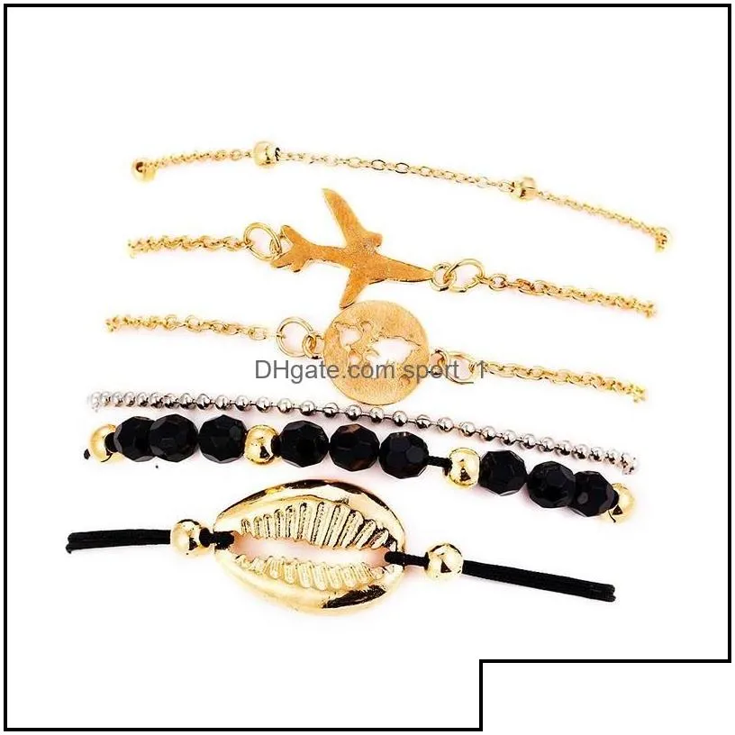 Charm Bracelets 6Pcs/Lot Bohemian Sea Shell Set For Women Gold Aircraft Map Crystal Beads Chains Bangle Female Fashion Boho Drop Del