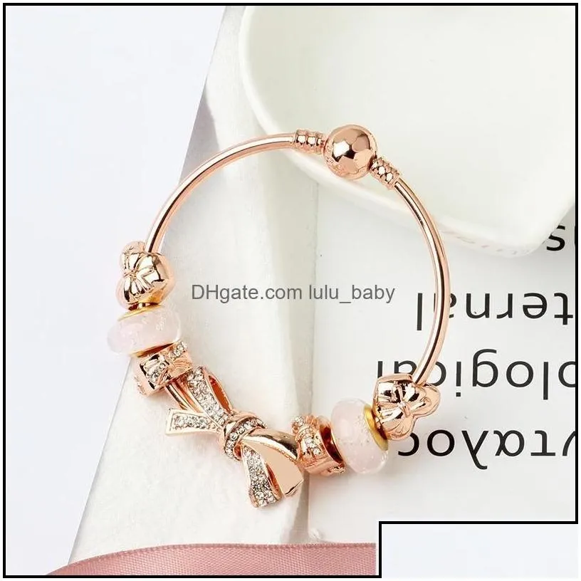 Beaded Strands Bracelets Pandor Fashion Rose Gold Shining Bow Bracelet 18Cm 19Cm 20Cm Love Charm Glass Bead Jewelry Wholesale Drop