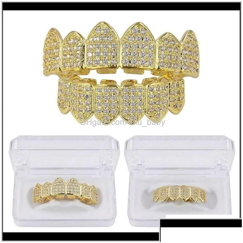 Luxury Bling Zircon Teeth Braces Street Fashion Rappers Men Women 18K Gold Rhodiium Plated Copper Hip Hop Grillz 2Piece Set Vampire Me