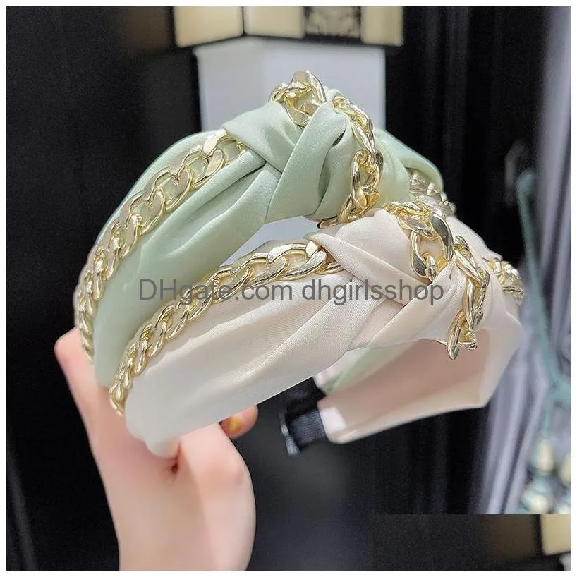 fashion women hairband with gold chain wide side headband soft turban casual hair accessories