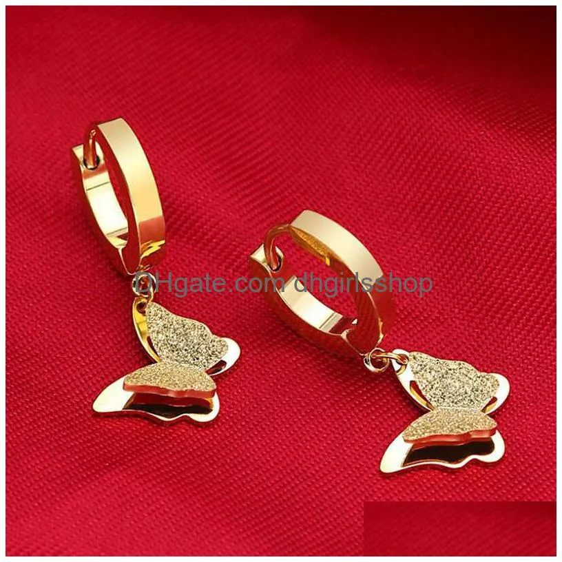 stainless steel rose gold butterfly hoop earrings for women fashion earrings jewelry double matte huggie pendants gift 1 pair