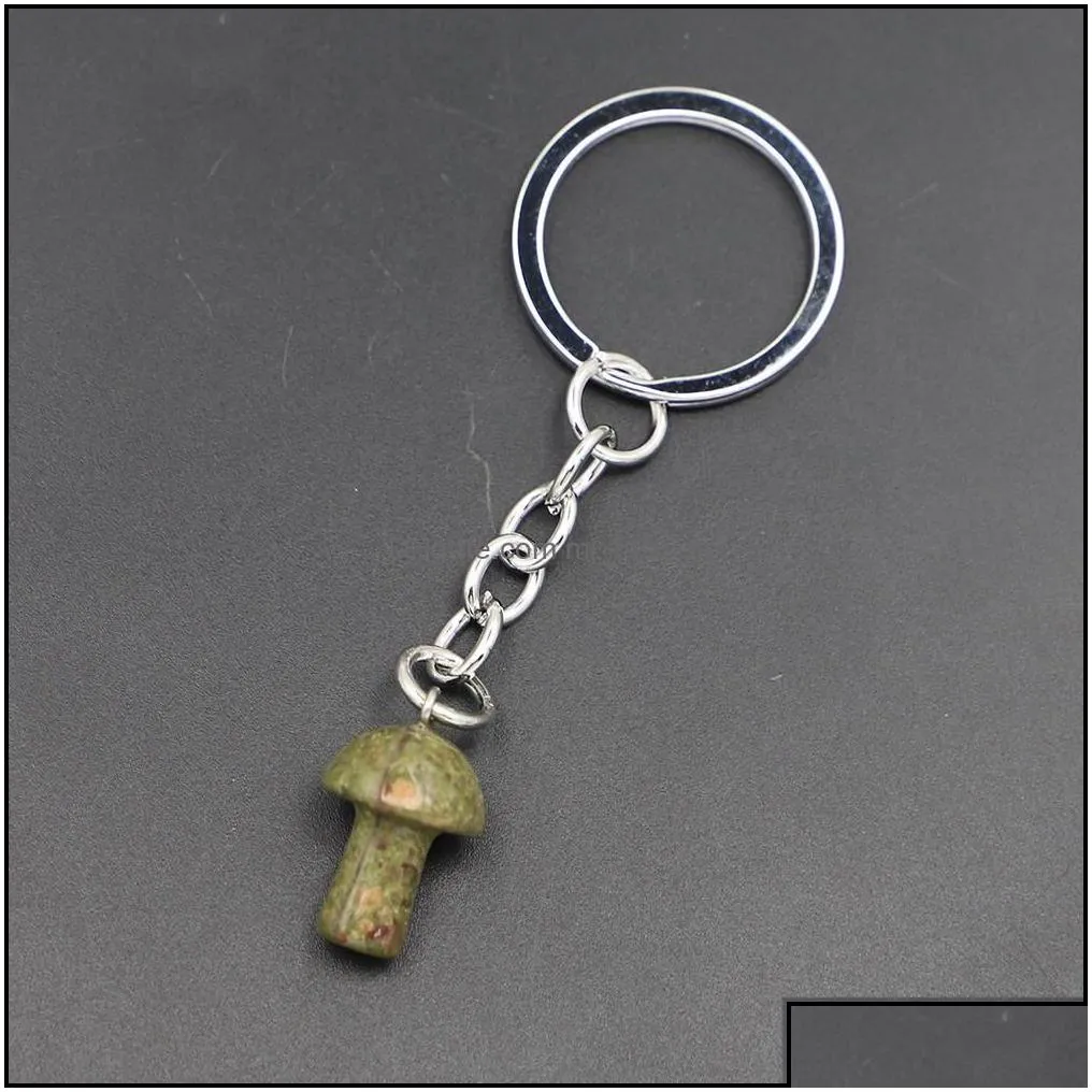 Keychains Lanyards Natural Stone Mushroom Pendant Key Rings Cute Mini Statue Charms Crafts Keychain Jewelry Accessories Drop Deliv