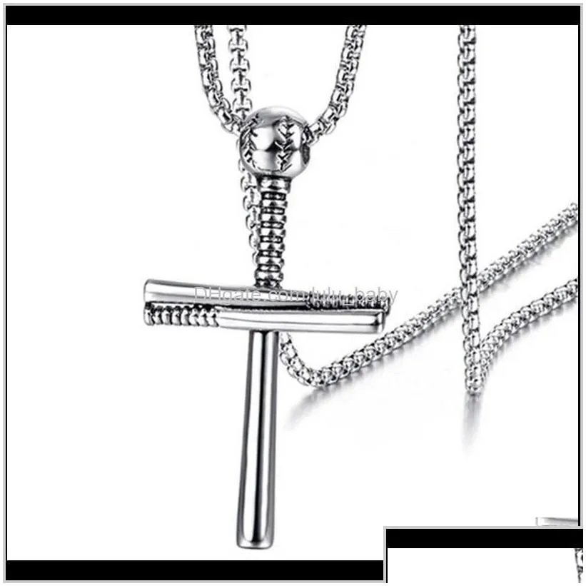 Baseball Player And Stacked Baseballs Bat Cross Pendant Necklace Stainless Steel Faith Male Jewelry Yorgr Chains Dhvma