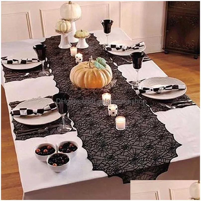  halloween bat table runner black spider web lace tablecloth fireplace curtains halloween party home decor horror props