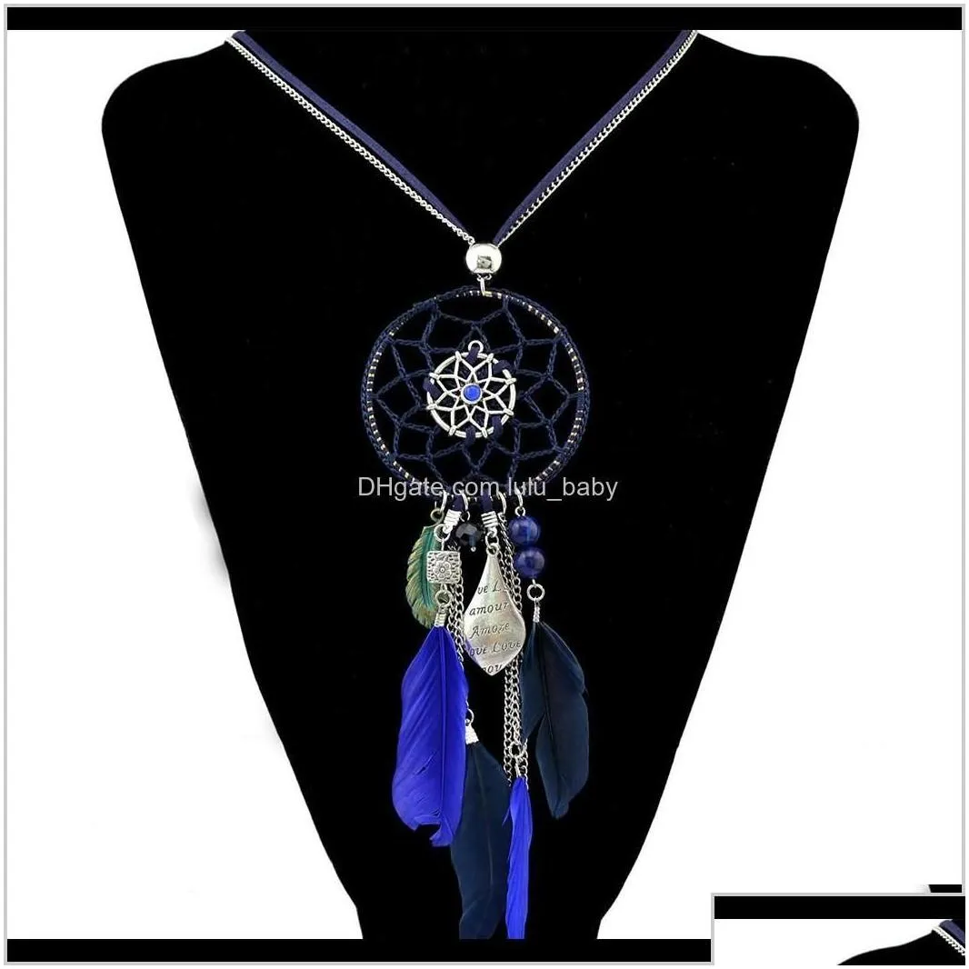Idealway 4 Colors Bohemian Fashion Silver Plated Leather Double Chain Resin Feather Tassel Dreamcatcher Necklace Y0R36 Necklaces Vhyo9